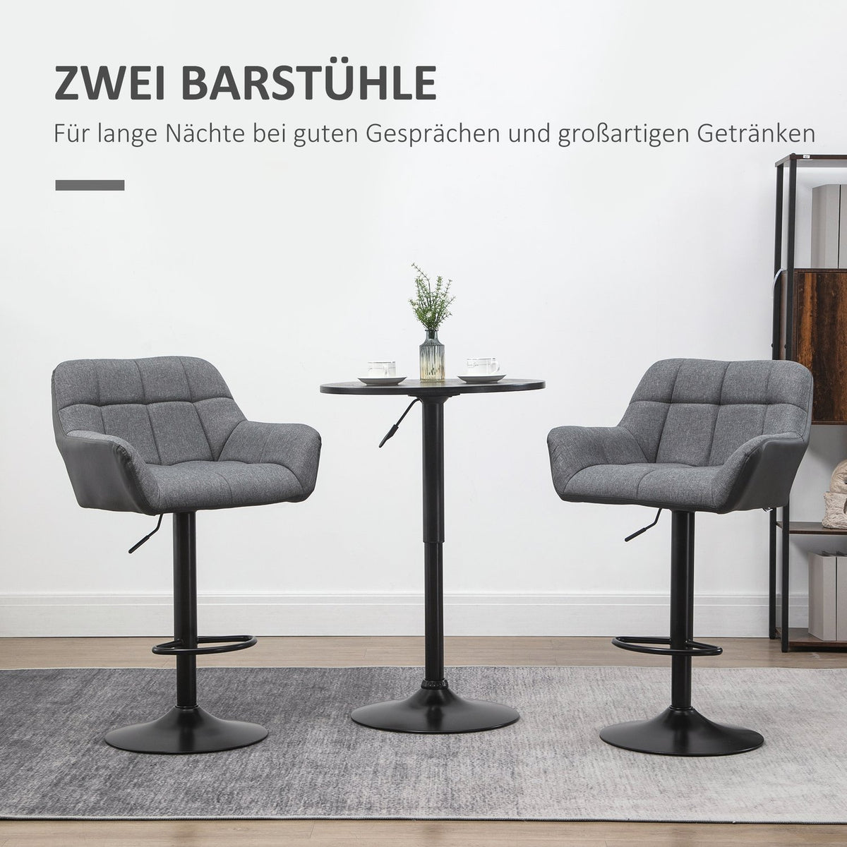 Kitchen bar stool set of 2, height adjustable, 360° rotatable with backrest and footrest, linen look, up to 120 kg, 57.5 x 52.5 x 93-114 cm, gray