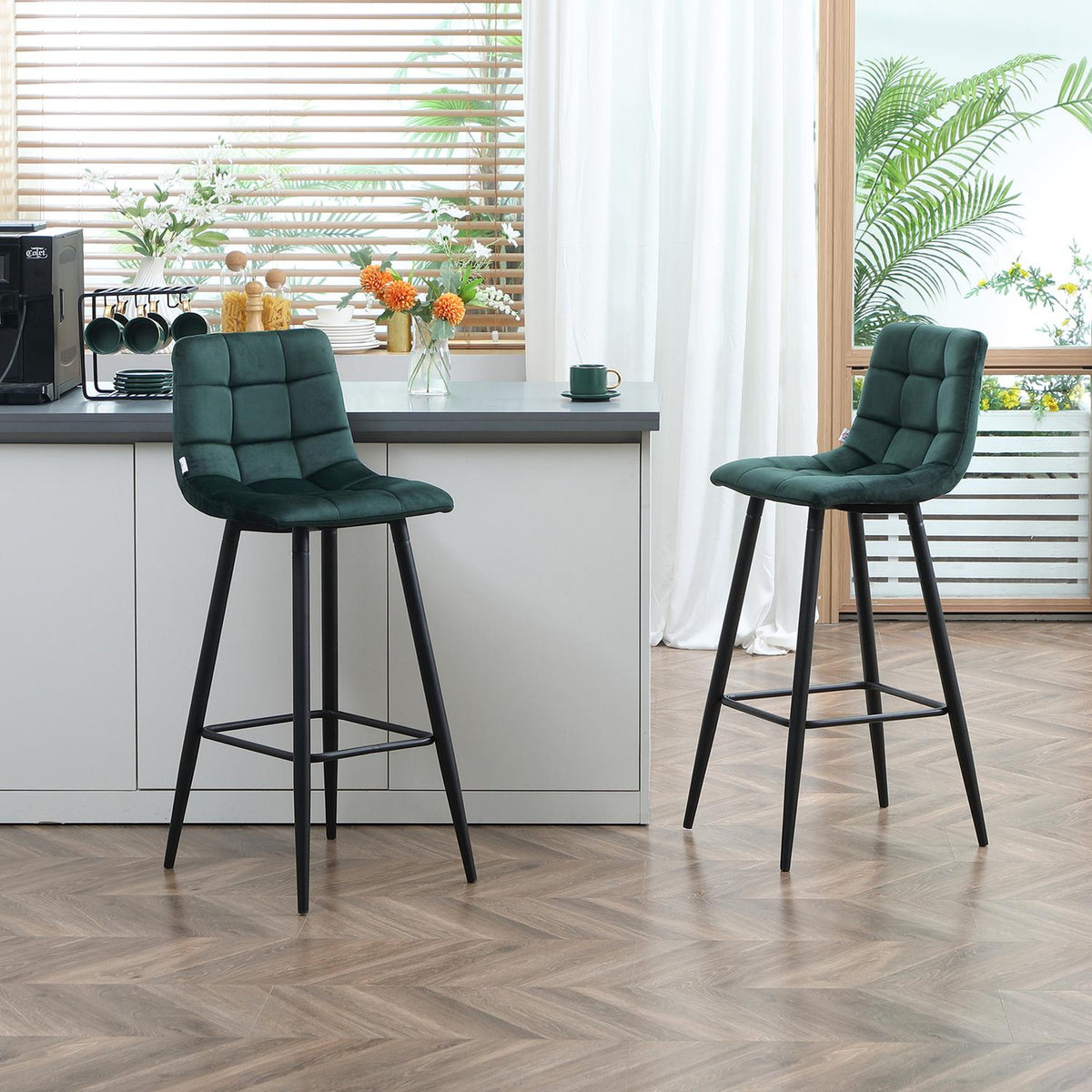 Kitchen bar stool set of 2 with non-slip foot caps, modern design, steel legs, velvet cover, up to 120 kg, 42 x 47 x 105 cm, green