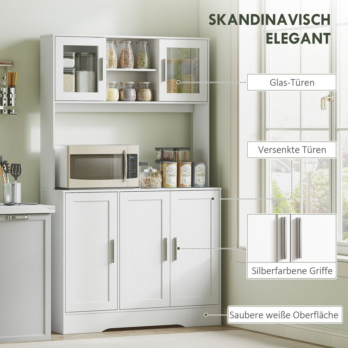 Kitchen cabinet, Scandinavian design, 4 cabinets, adjustable shelves, glass doors, open space, chipboard, MDF, white