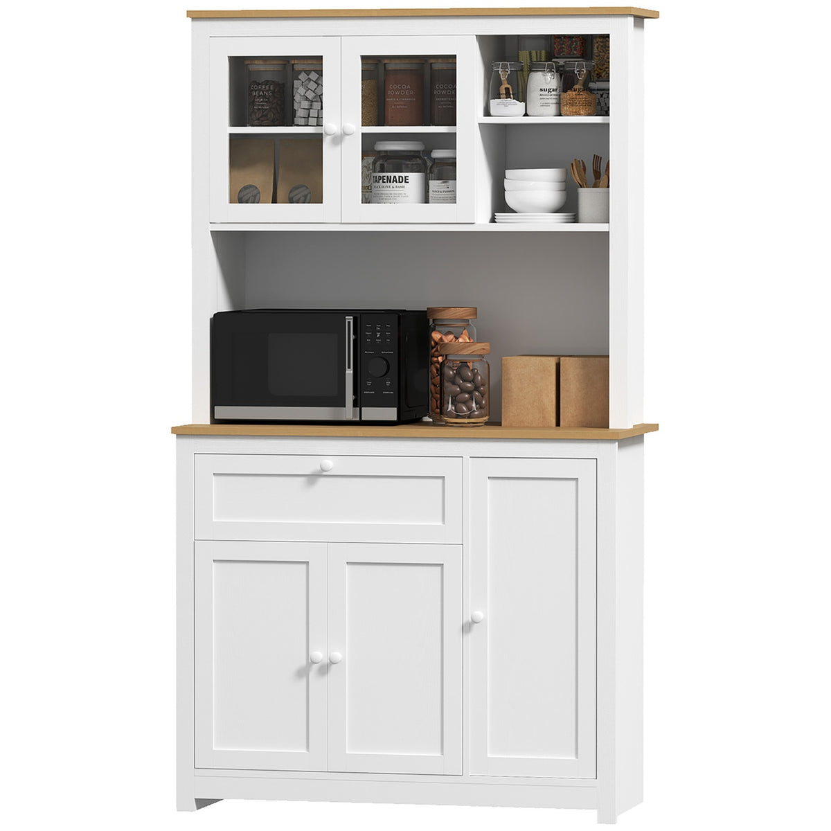 Kitchen cabinet, kitchen buffet with drawer, multi-purpose cabinet with 2 open levels, 3 cupboards, display cabinet with table top for living room, white, 100 x 40 x 180 cm