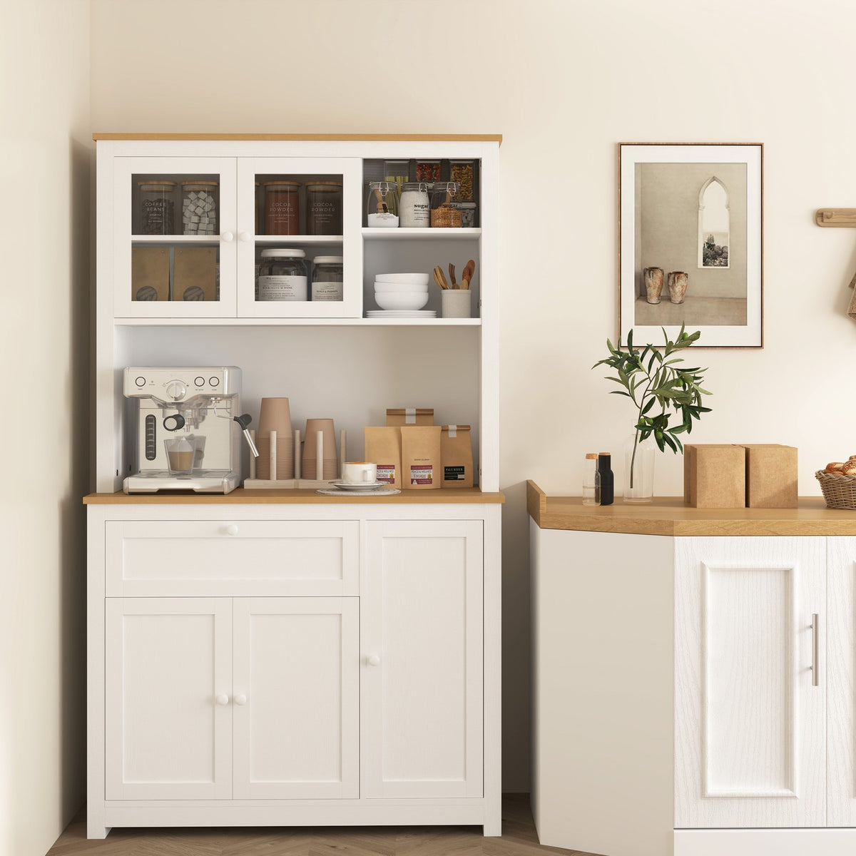 Kitchen cabinet, kitchen buffet with drawer, multi-purpose cabinet with 2 open levels, 3 cupboards, display cabinet with table top for living room, white, 100 x 40 x 180 cm