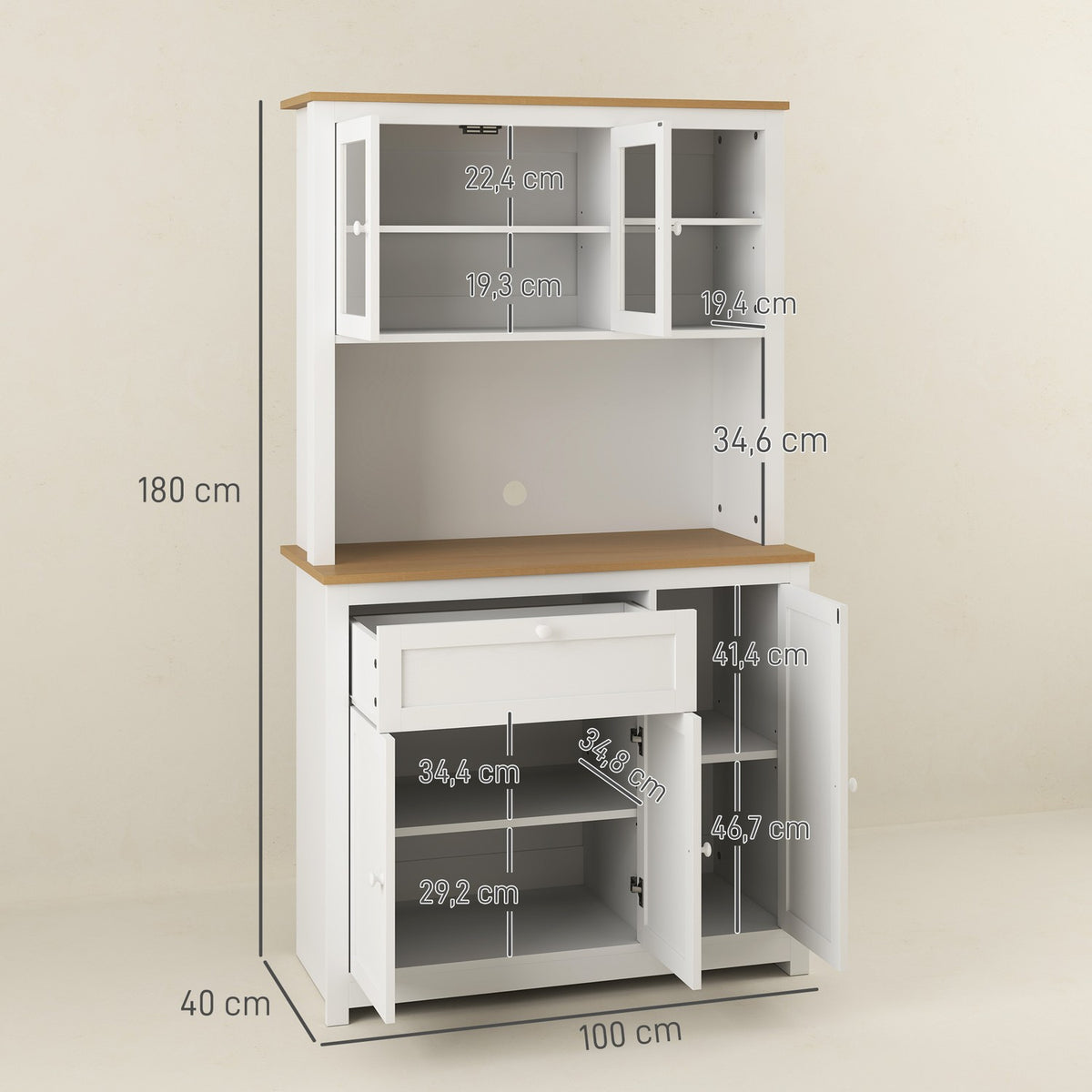 Kitchen cabinet, kitchen buffet with drawer, multi-purpose cabinet with 2 open levels, 3 cupboards, display cabinet with table top for living room, white, 100 x 40 x 180 cm