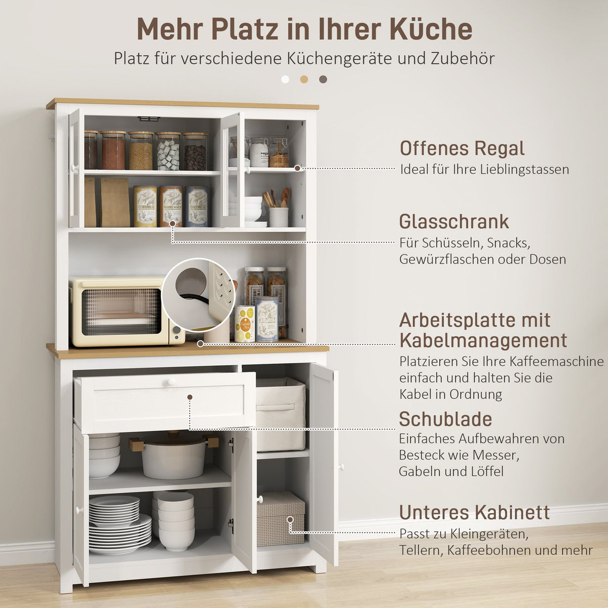 Kitchen cabinet, kitchen buffet with drawer, multi-purpose cabinet with 2 open levels, 3 cupboards, display cabinet with table top for living room, white, 100 x 40 x 180 cm
