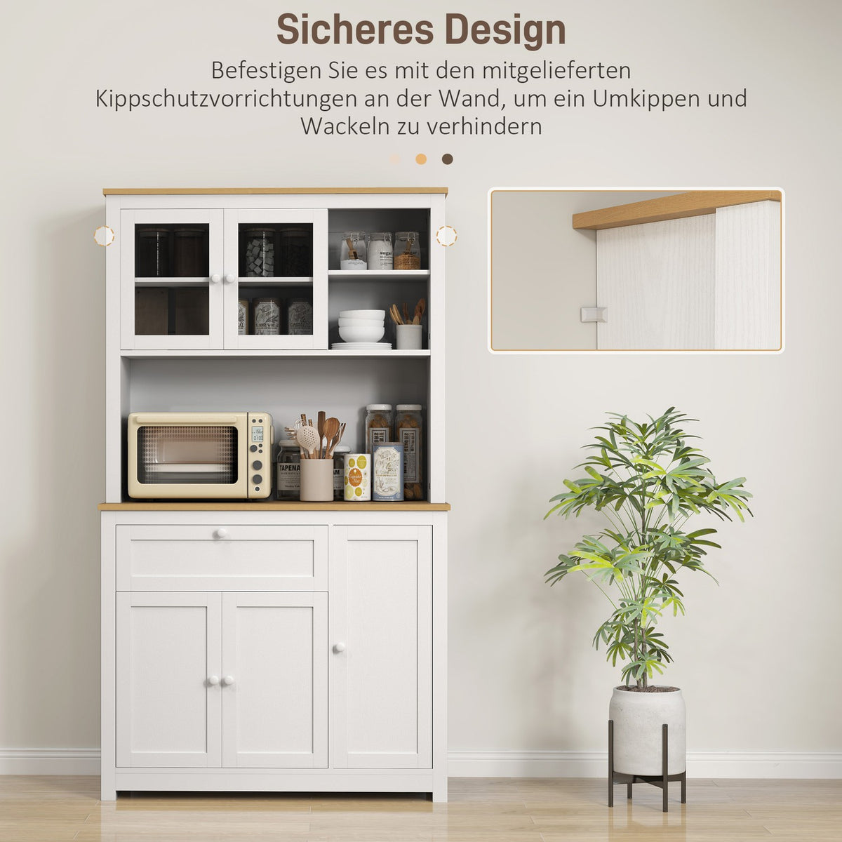 Kitchen cabinet, kitchen buffet with drawer, multi-purpose cabinet with 2 open levels, 3 cupboards, display cabinet with table top for living room, white, 100 x 40 x 180 cm