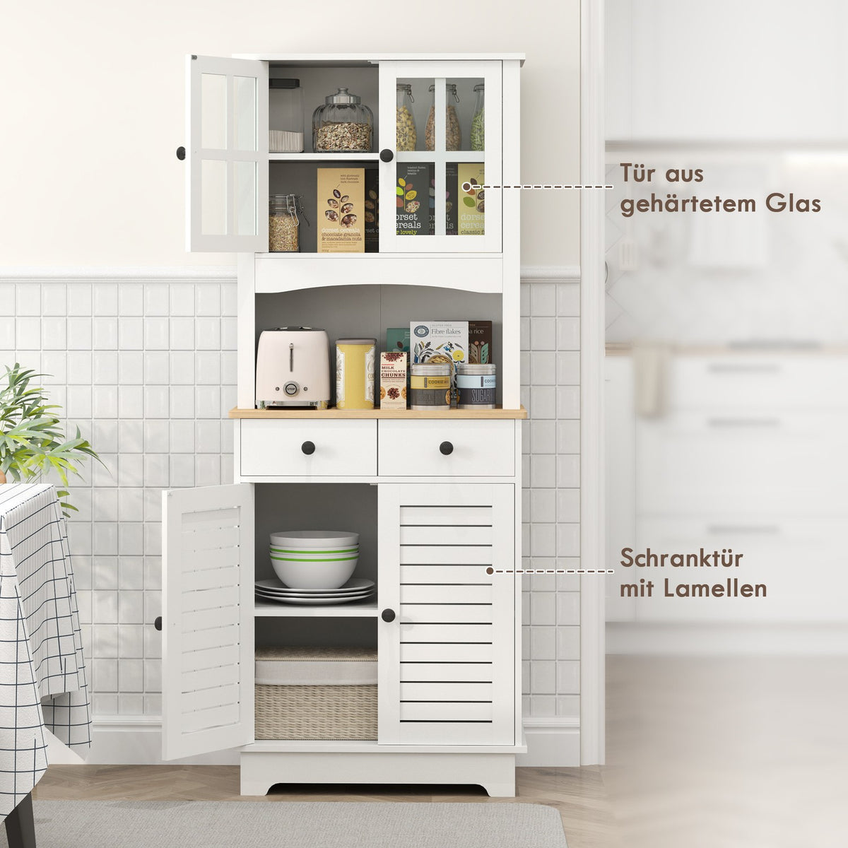Kitchen cabinet, tall cabinet with 2 cabinets, kitchen buffet with adjustable shelves, buffet cabinet, dining room cabinet for kitchen, dining room, 68 x 39.5 x 170 cm, white