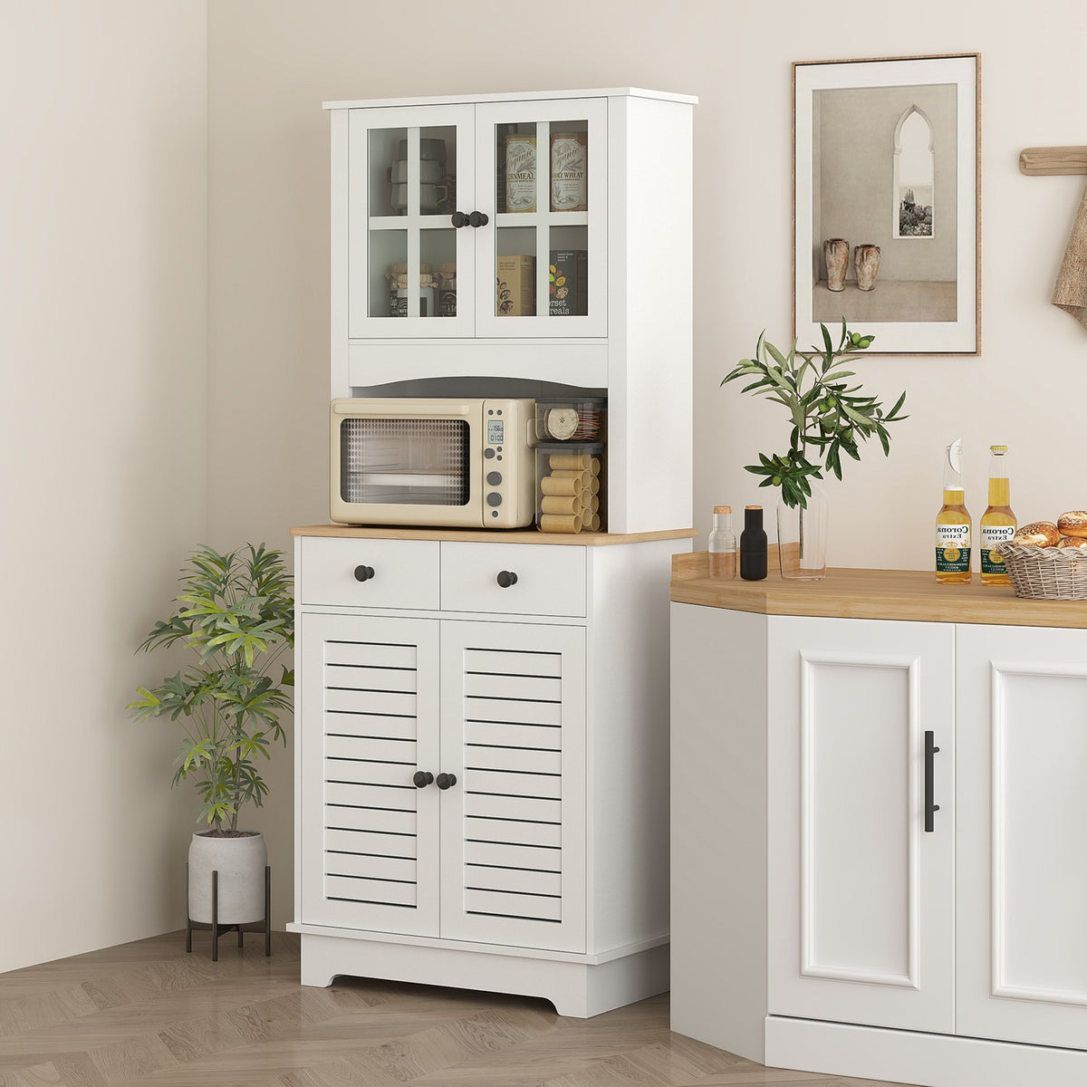 Kitchen cabinet, tall cabinet with 2 cabinets, kitchen buffet with adjustable shelves, buffet cabinet, dining room cabinet for kitchen, dining room, 68 x 39.5 x 170 cm, white