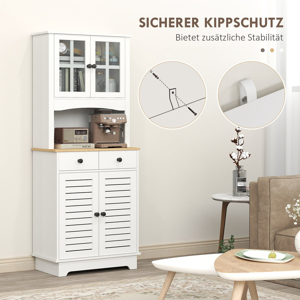 Kitchen cabinet, tall cabinet with 2 cabinets, kitchen buffet with adjustable shelves, buffet cabinet, dining room cabinet for kitchen, dining room, 68 x 39.5 x 170 cm, white
