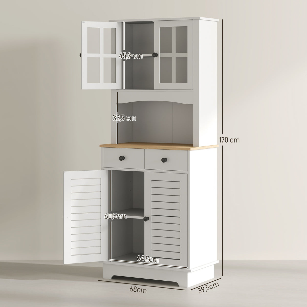 Kitchen cabinet, tall cabinet with 2 cabinets, kitchen buffet with adjustable shelves, buffet cabinet, dining room cabinet for kitchen, dining room, 68 x 39.5 x 170 cm, white