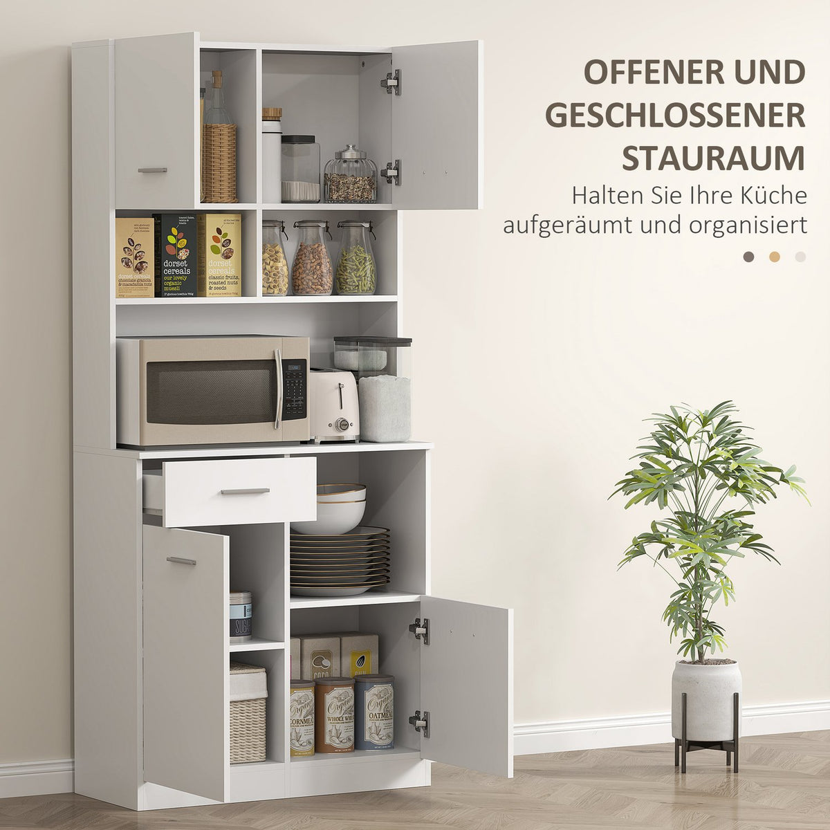 Kitchen cabinet, tall cabinet with adjustable shelf, drawer, buffet cabinet with soft-close door, display cabinet, storage cabinet for kitchen, dining room, 80 x 35 x 180 cm, white