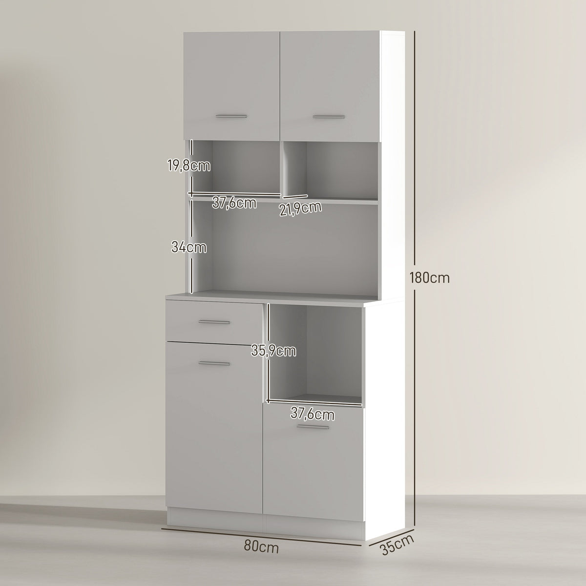 Kitchen cabinet, tall cabinet with adjustable shelf, drawer, buffet cabinet with soft-close door, display cabinet, storage cabinet for kitchen, dining room, 80 x 35 x 180 cm, white