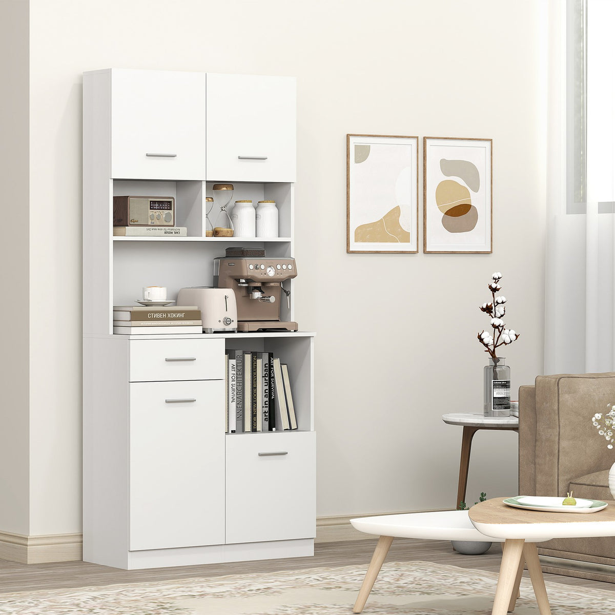 Kitchen cabinet, tall cabinet with adjustable shelf, drawer, buffet cabinet with soft-close door, display cabinet, storage cabinet for kitchen, dining room, 80 x 35 x 180 cm, white