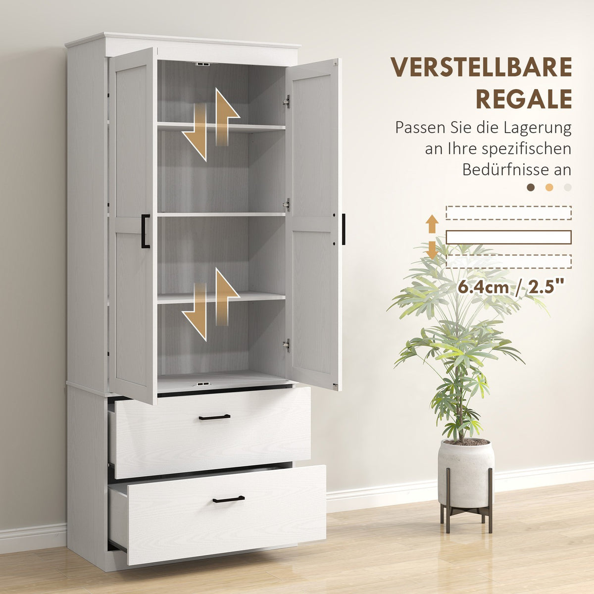 Kitchen cabinet, tall cabinet with adjustable shelves, 2 drawers, kitchen buffet for dining room, living room, 75 x 39 x 178 cm, cream white