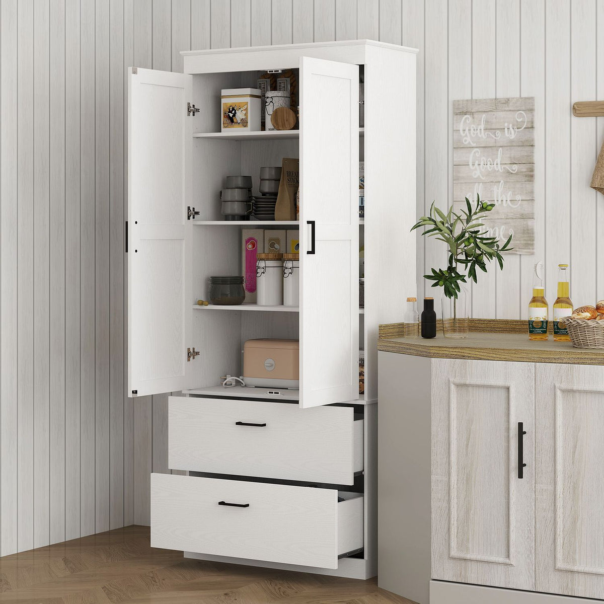 Kitchen cabinet, tall cabinet with adjustable shelves, 2 drawers, kitchen buffet for dining room, living room, 75 x 39 x 178 cm, cream white