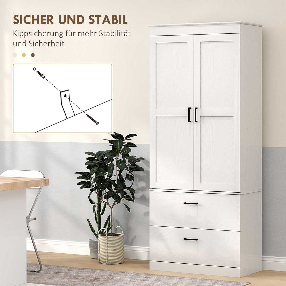Kitchen cabinet, tall cabinet with adjustable shelves, 2 drawers, kitchen buffet for dining room, living room, 75 x 39 x 178 cm, cream white