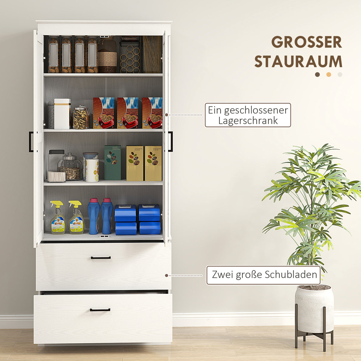 Kitchen cabinet, tall cabinet with adjustable shelves, 2 drawers, kitchen buffet for dining room, living room, 75 x 39 x 178 cm, cream white