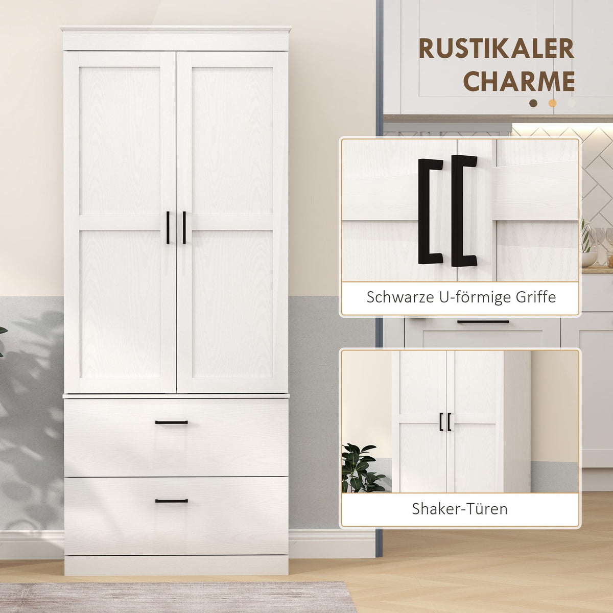 Kitchen cabinet, tall cabinet with adjustable shelves, 2 drawers, kitchen buffet for dining room, living room, 75 x 39 x 178 cm, cream white