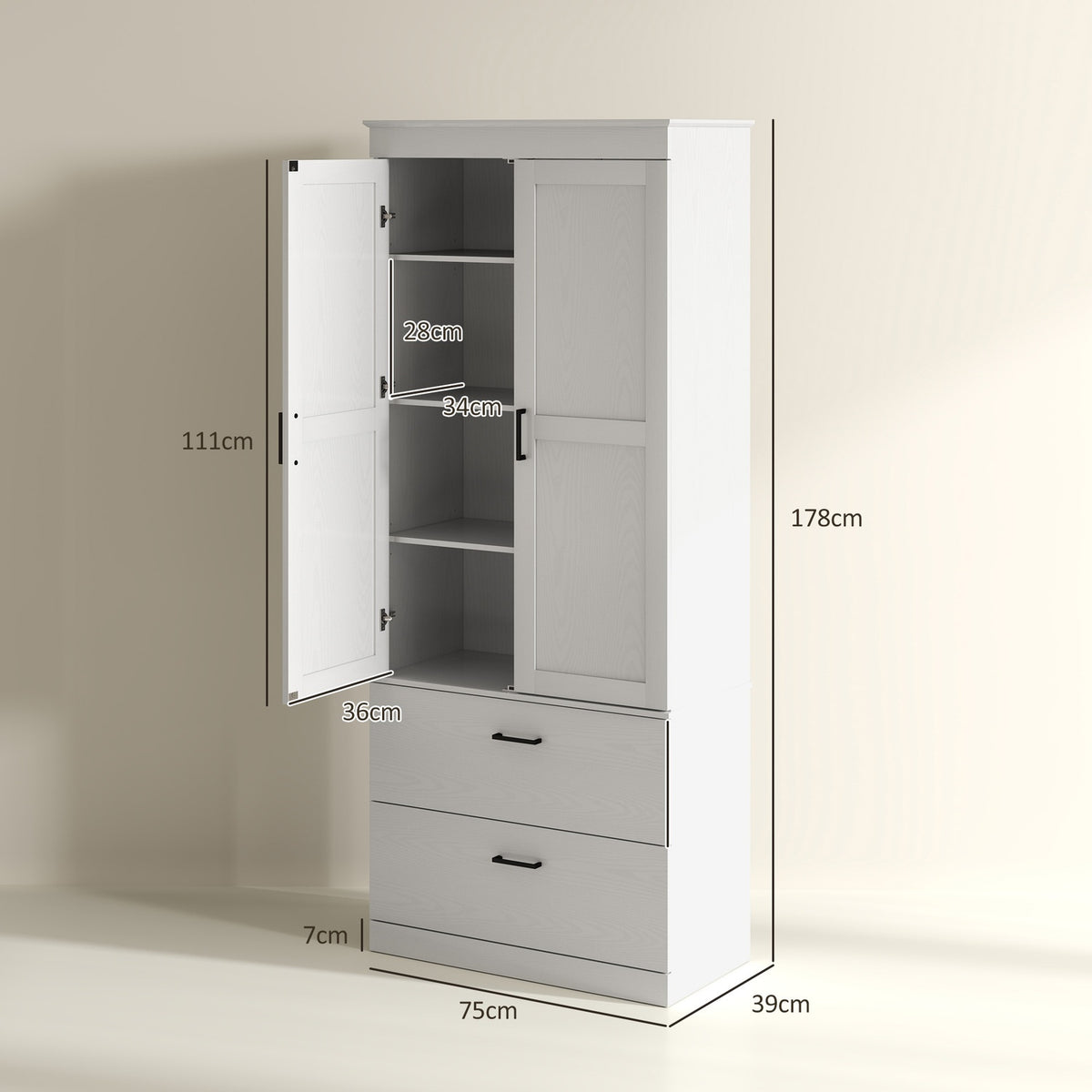 Kitchen cabinet, tall cabinet with adjustable shelves, 2 drawers, kitchen buffet for dining room, living room, 75 x 39 x 178 cm, cream white