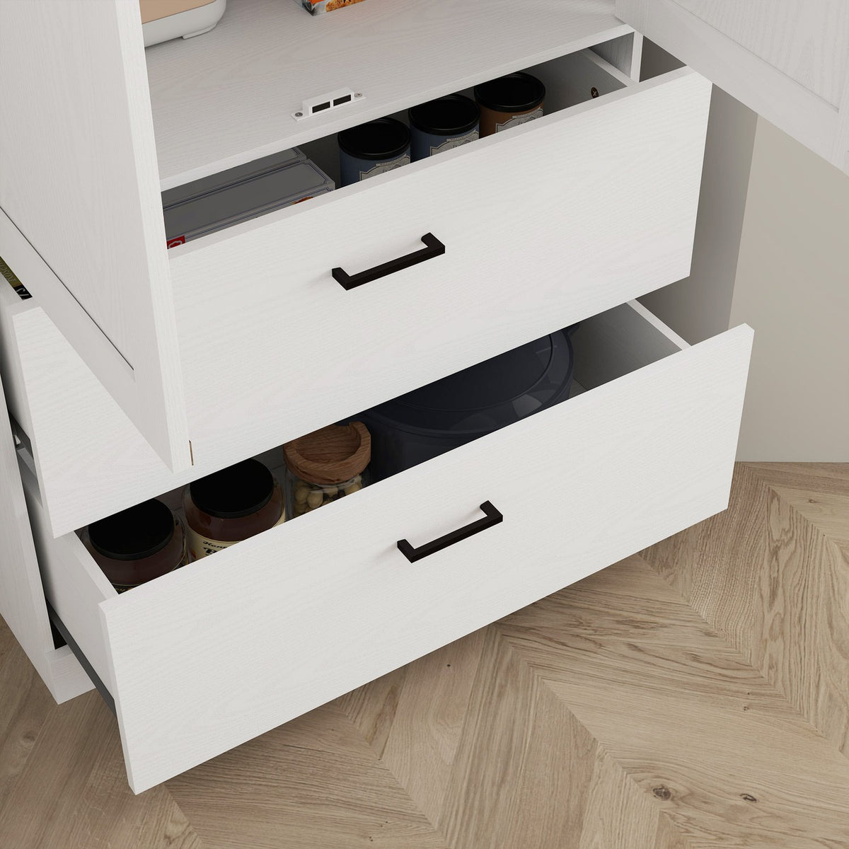 Kitchen cabinet, tall cabinet with adjustable shelves, 2 drawers, kitchen buffet for dining room, living room, 75 x 39 x 178 cm, cream white