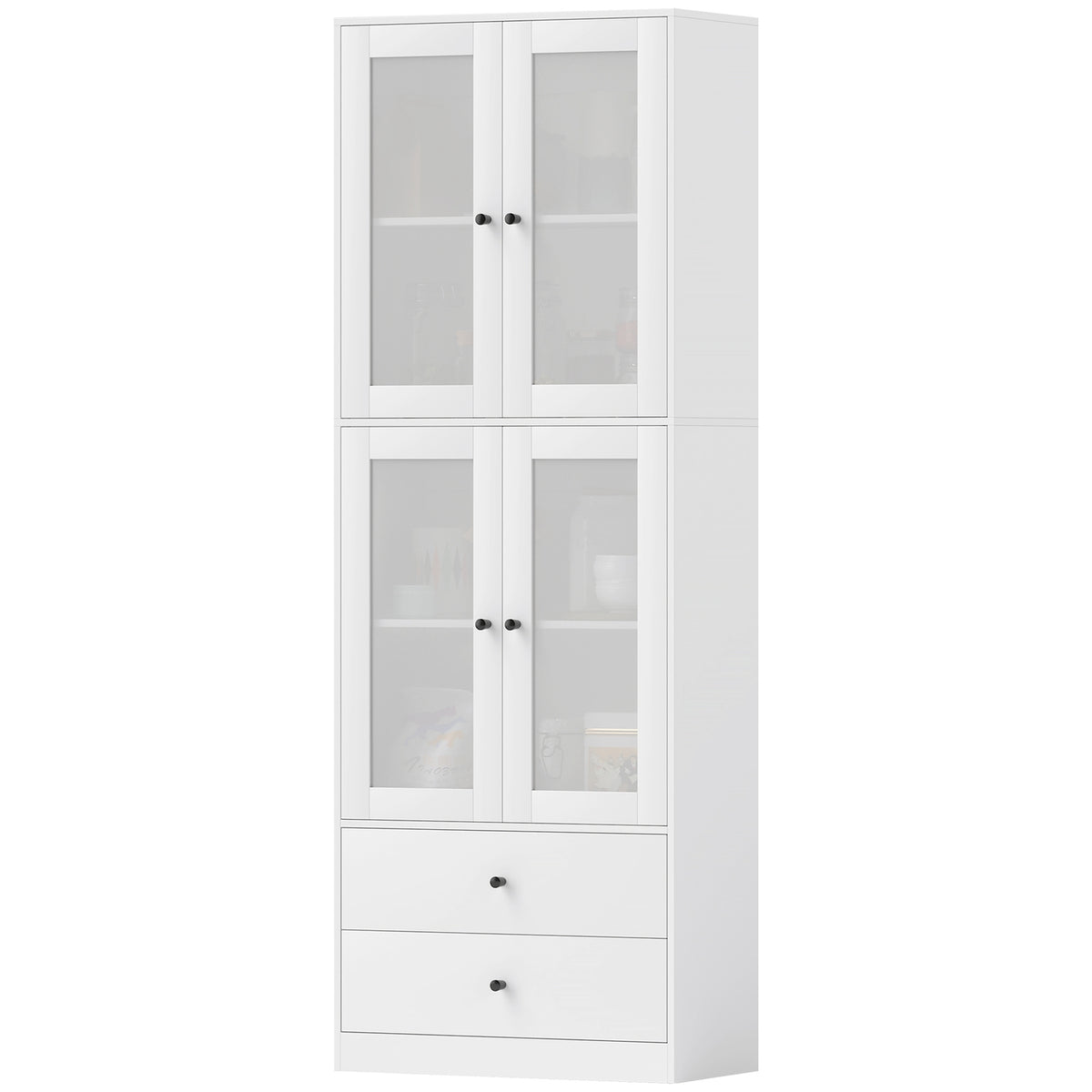 Kitchen cabinet, tall cabinet with drawer, adjustable shelves, kitchen buffet with 2 cabinet compartments for living room, dining room, 59 x 30 x 170 cm, white