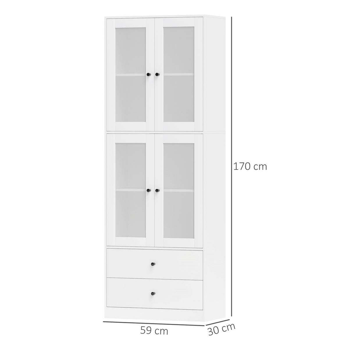 Kitchen cabinet, tall cabinet with drawer, adjustable shelves, kitchen buffet with 2 cabinet compartments for living room, dining room, 59 x 30 x 170 cm, white