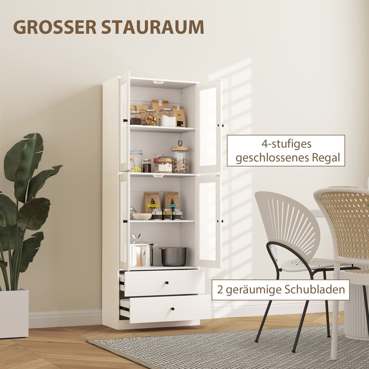 Kitchen cabinet, tall cabinet with drawer, adjustable shelves, kitchen buffet with 2 cabinet compartments for living room, dining room, 59 x 30 x 170 cm, white