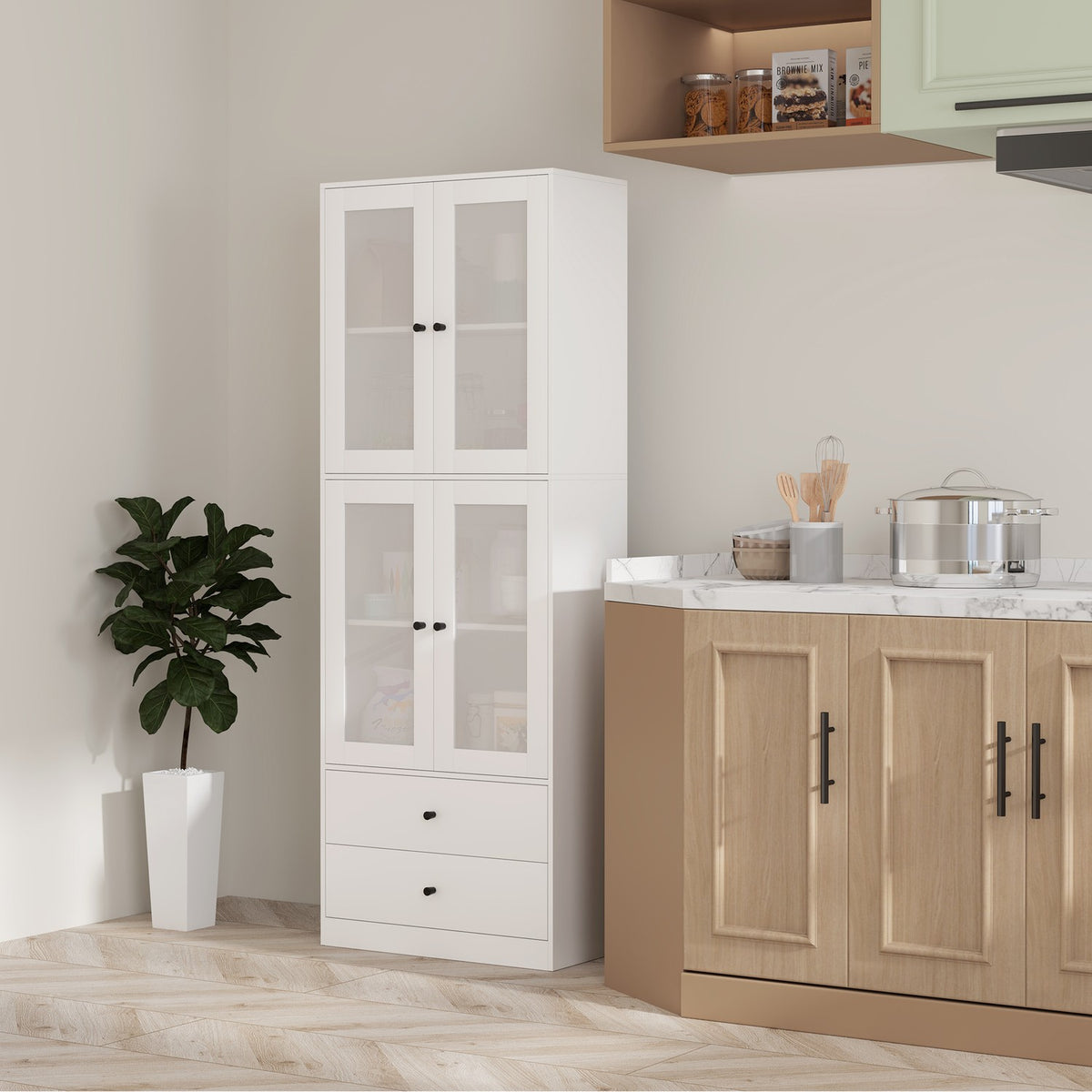 Kitchen cabinet, tall cabinet with drawer, adjustable shelves, kitchen buffet with 2 cabinet compartments for living room, dining room, 59 x 30 x 170 cm, white