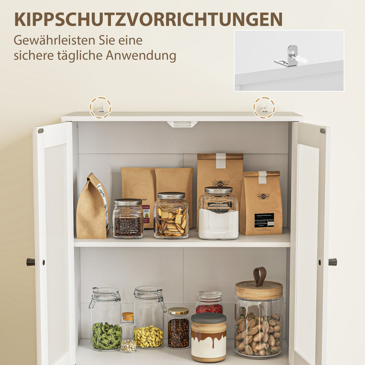 Kitchen cabinet, tall cabinet with drawer, adjustable shelves, kitchen buffet with 2 cabinet compartments for living room, dining room, 59 x 30 x 170 cm, white