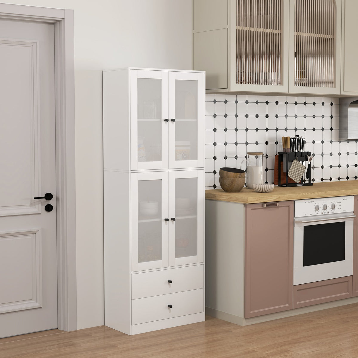 Kitchen cabinet, tall cabinet with drawer, adjustable shelves, kitchen buffet with 2 cabinet compartments for living room, dining room, 59 x 30 x 170 cm, white