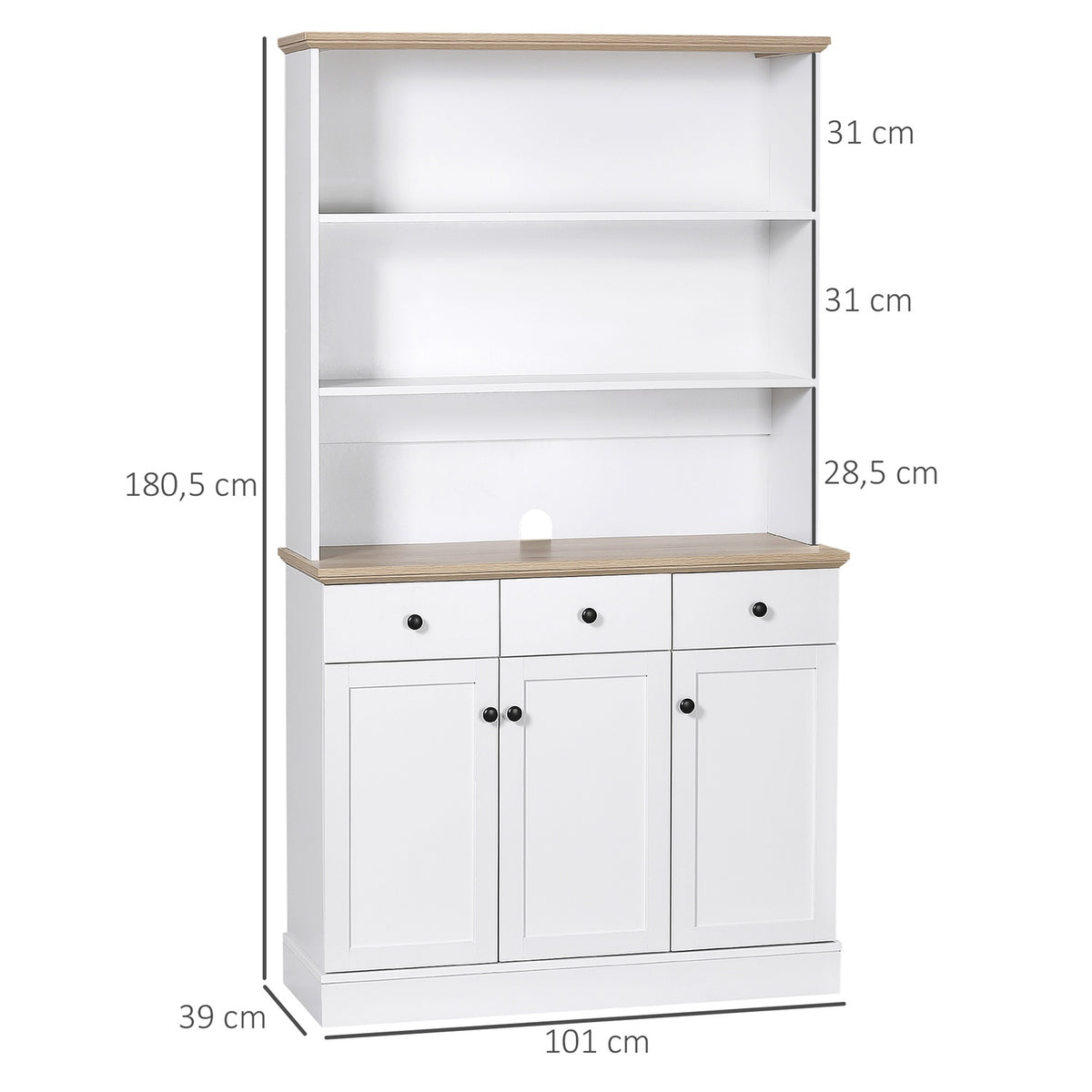 Kitchen cabinet, tall cabinet with drawers and open shelves, free-standing kitchen buffet, microwave cabinet with tilt protection, white, 101x39x1805cm