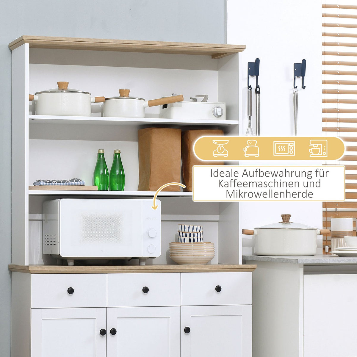 Kitchen cabinet, tall cabinet with drawers and open shelves, free-standing kitchen buffet, microwave cabinet with tilt protection, white, 101x39x1805cm