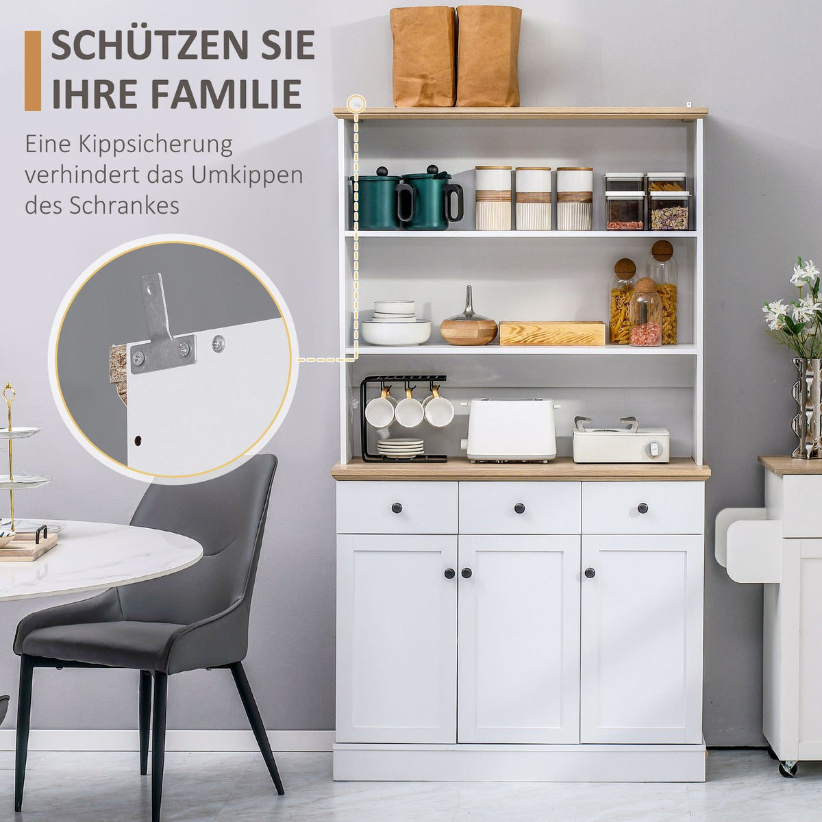 Kitchen cabinet, tall cabinet with drawers and open shelves, free-standing kitchen buffet, microwave cabinet with tilt protection, white, 101x39x1805cm