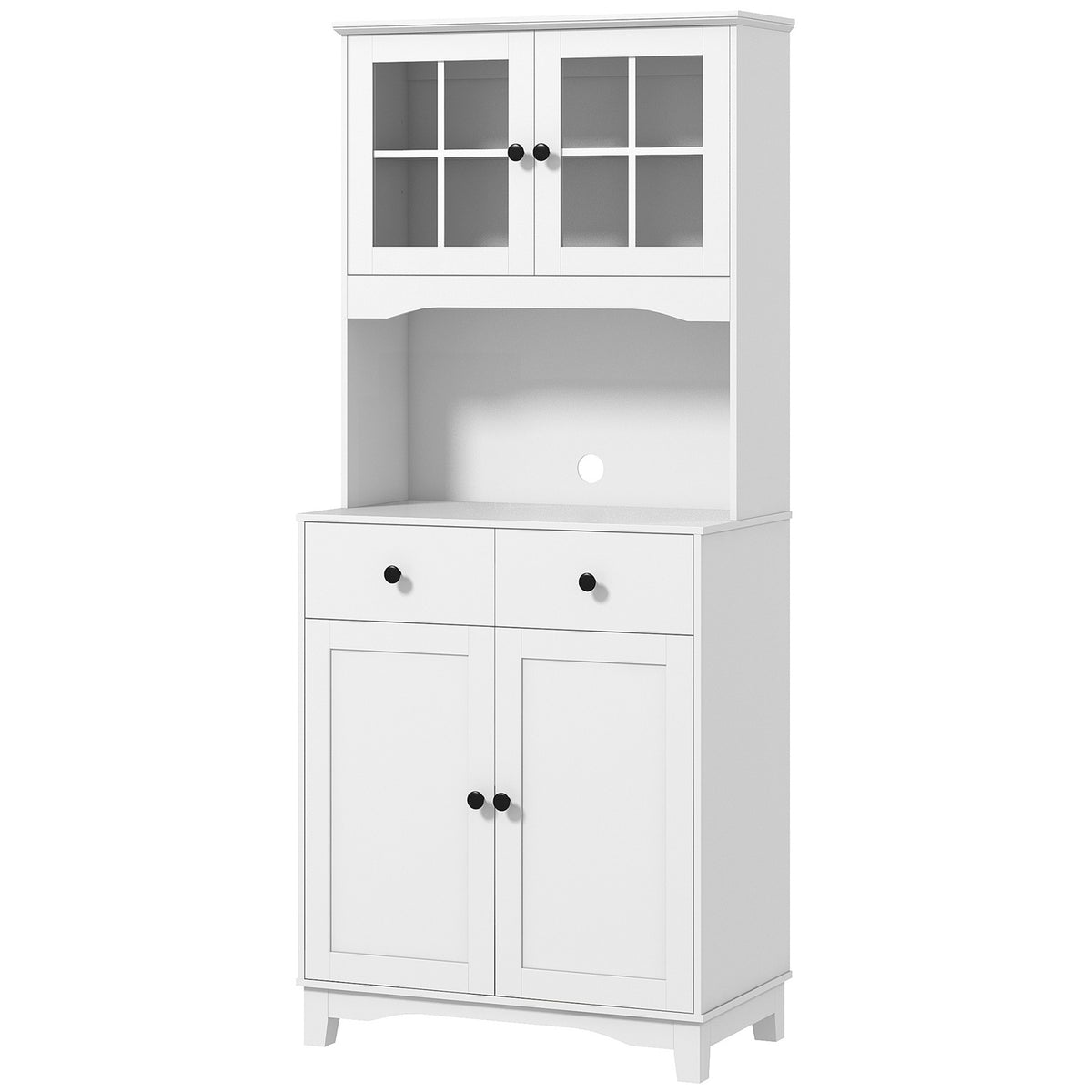 Kitchen cabinet tall cabinet with microwave shelf, 2 cabinets, 2 drawers, display cabinet with adjustable shelves, tilt protection, buffet cabinet for living room, dining room, white