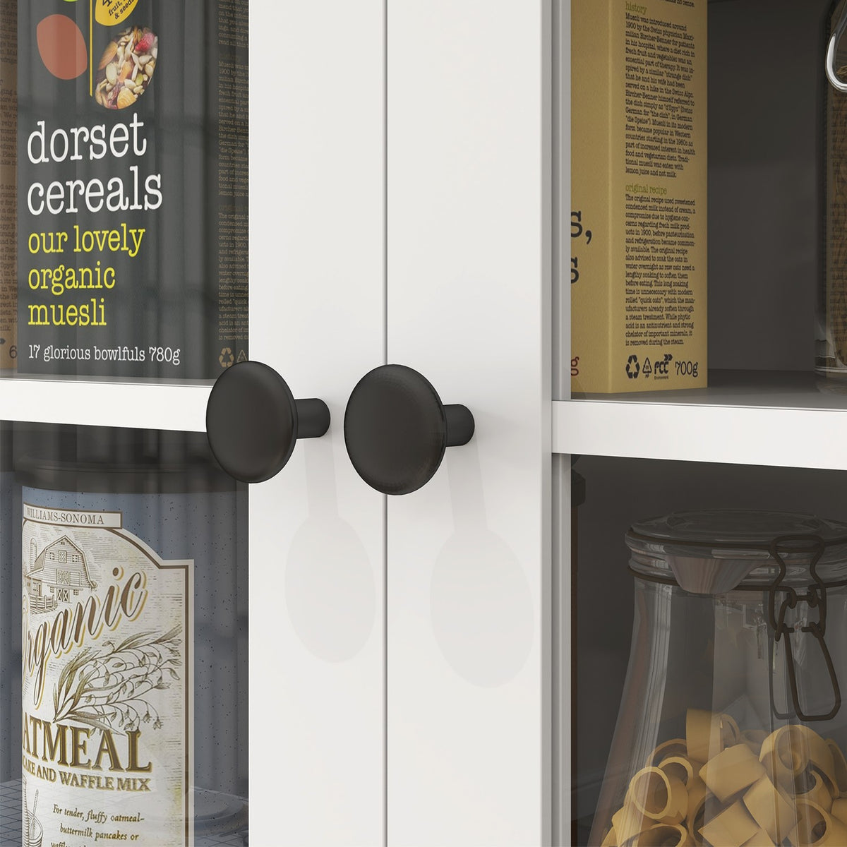 Kitchen cabinet tall cabinet with microwave shelf, 2 cabinets, 2 drawers, display cabinet with adjustable shelves, tilt protection, buffet cabinet for living room, dining room, white