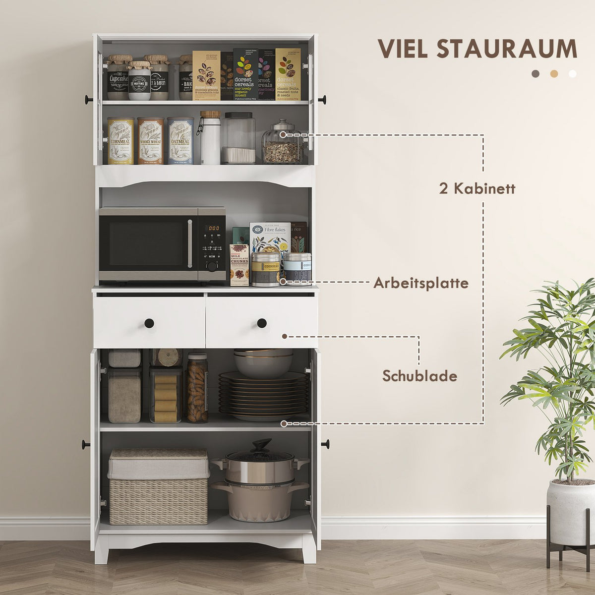 Kitchen cabinet tall cabinet with microwave shelf, 2 cabinets, 2 drawers, display cabinet with adjustable shelves, tilt protection, buffet cabinet for living room, dining room, white