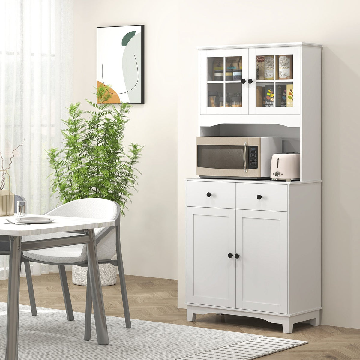Kitchen cabinet tall cabinet with microwave shelf, 2 cabinets, 2 drawers, display cabinet with adjustable shelves, tilt protection, buffet cabinet for living room, dining room, white