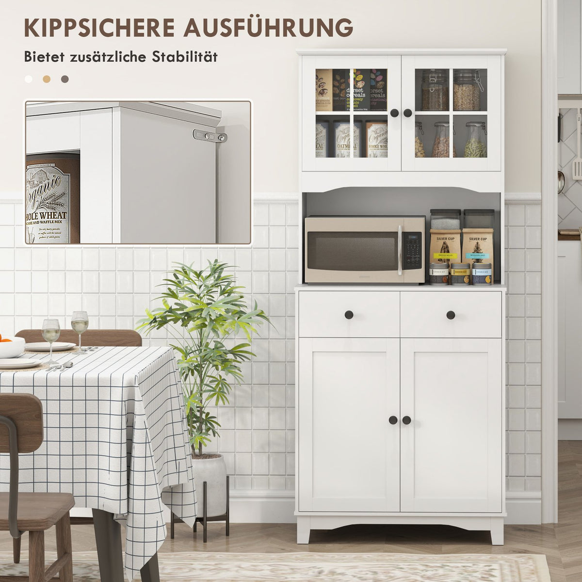 Kitchen cabinet tall cabinet with microwave shelf, 2 cabinets, 2 drawers, display cabinet with adjustable shelves, tilt protection, buffet cabinet for living room, dining room, white