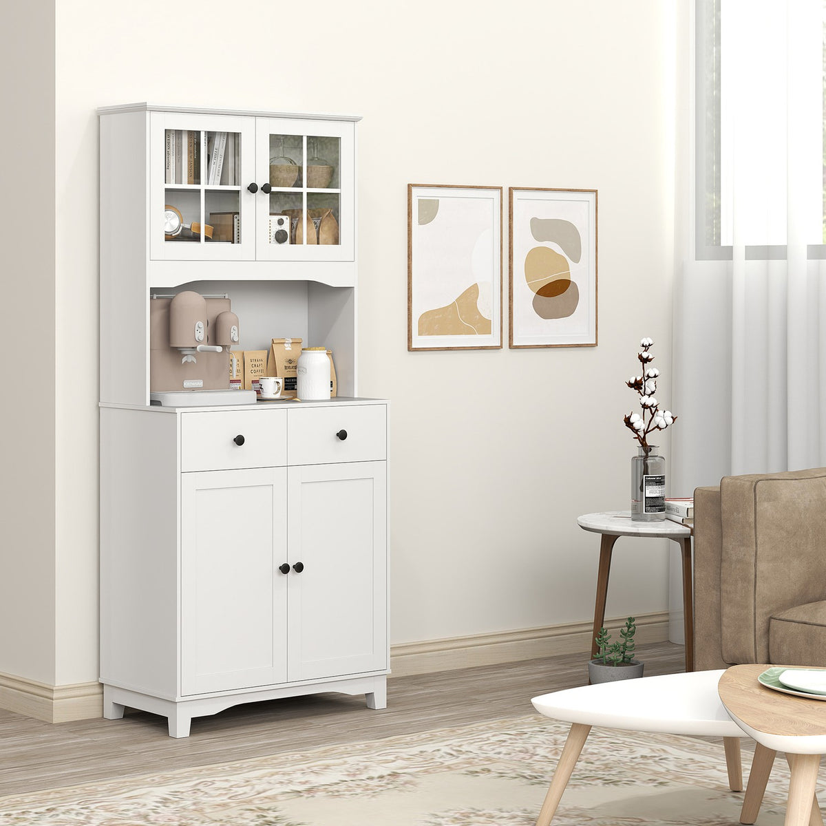 Kitchen cabinet tall cabinet with microwave shelf, 2 cabinets, 2 drawers, display cabinet with adjustable shelves, tilt protection, buffet cabinet for living room, dining room, white