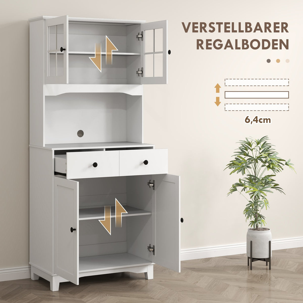 Kitchen cabinet tall cabinet with microwave shelf, 2 cabinets, 2 drawers, display cabinet with adjustable shelves, tilt protection, buffet cabinet for living room, dining room, white