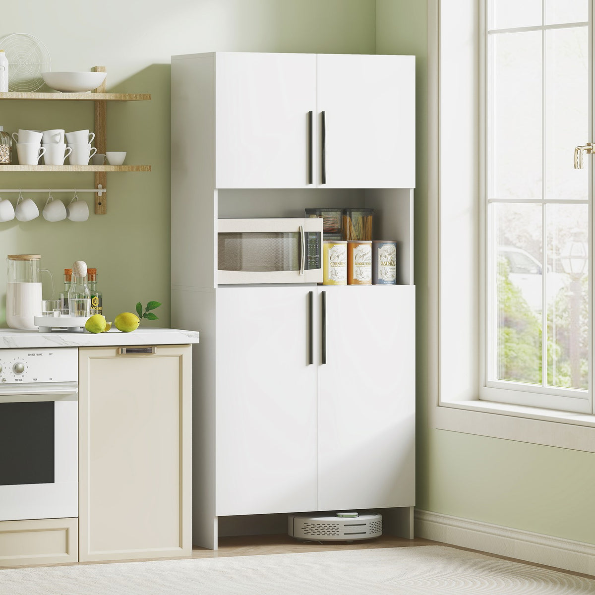 Kitchen cabinet, tall cabinet with microwave shelf, buffet cabinet with soft-close door, storage cabinet, display cabinet for kitchen, dining room, 79x40x175 cm white |