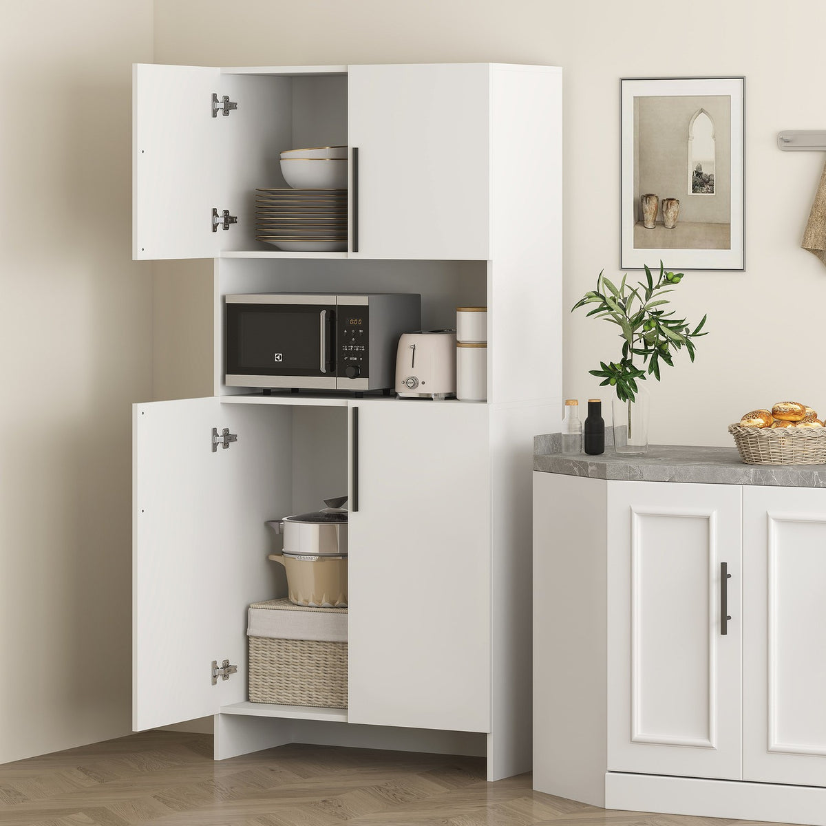 Kitchen cabinet, tall cabinet with microwave shelf, buffet cabinet with soft-close door, storage cabinet, display cabinet for kitchen, dining room, 79x40x175 cm white |