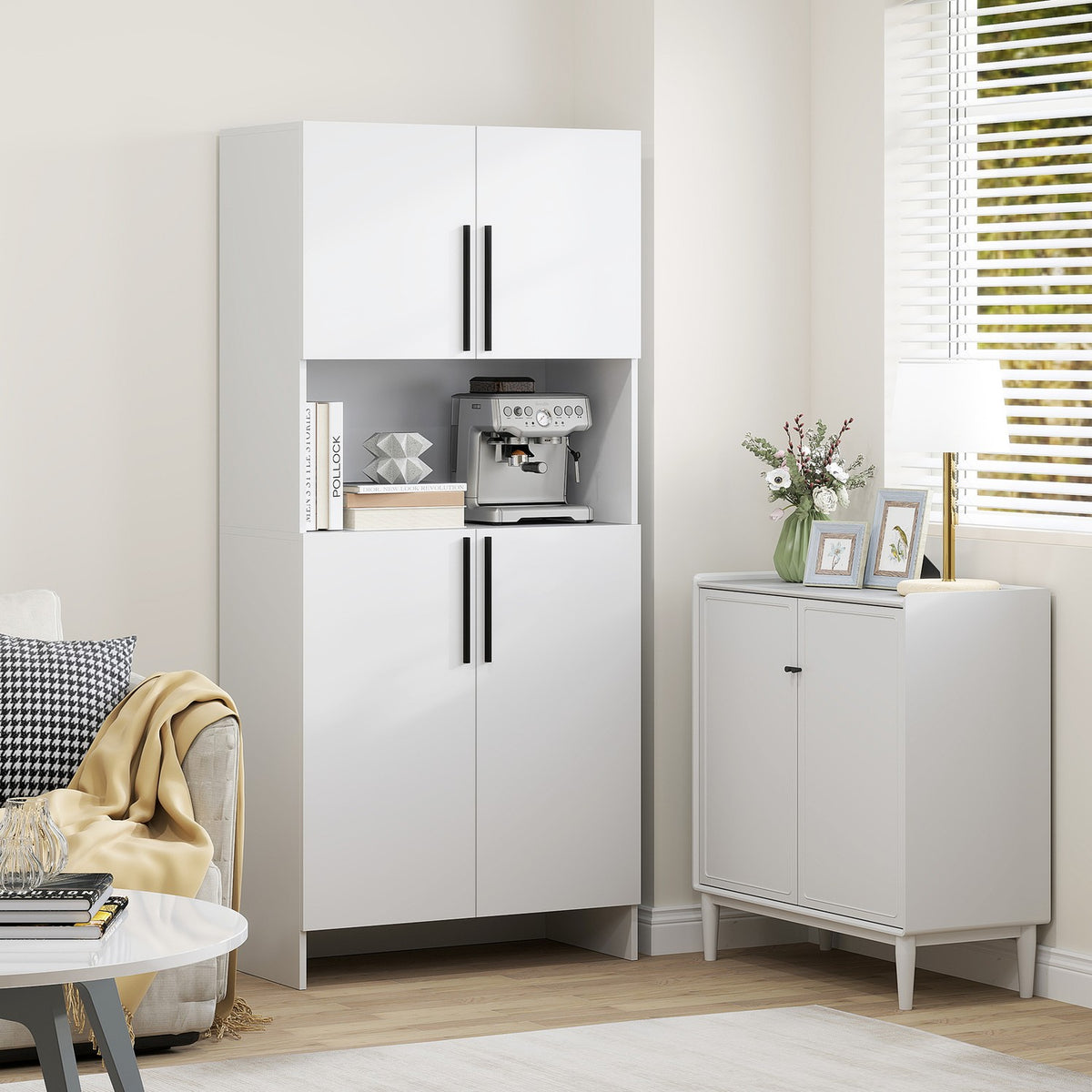 Kitchen cabinet, tall cabinet with microwave shelf, buffet cabinet with soft-close door, storage cabinet, display cabinet for kitchen, dining room, 79x40x175 cm white |
