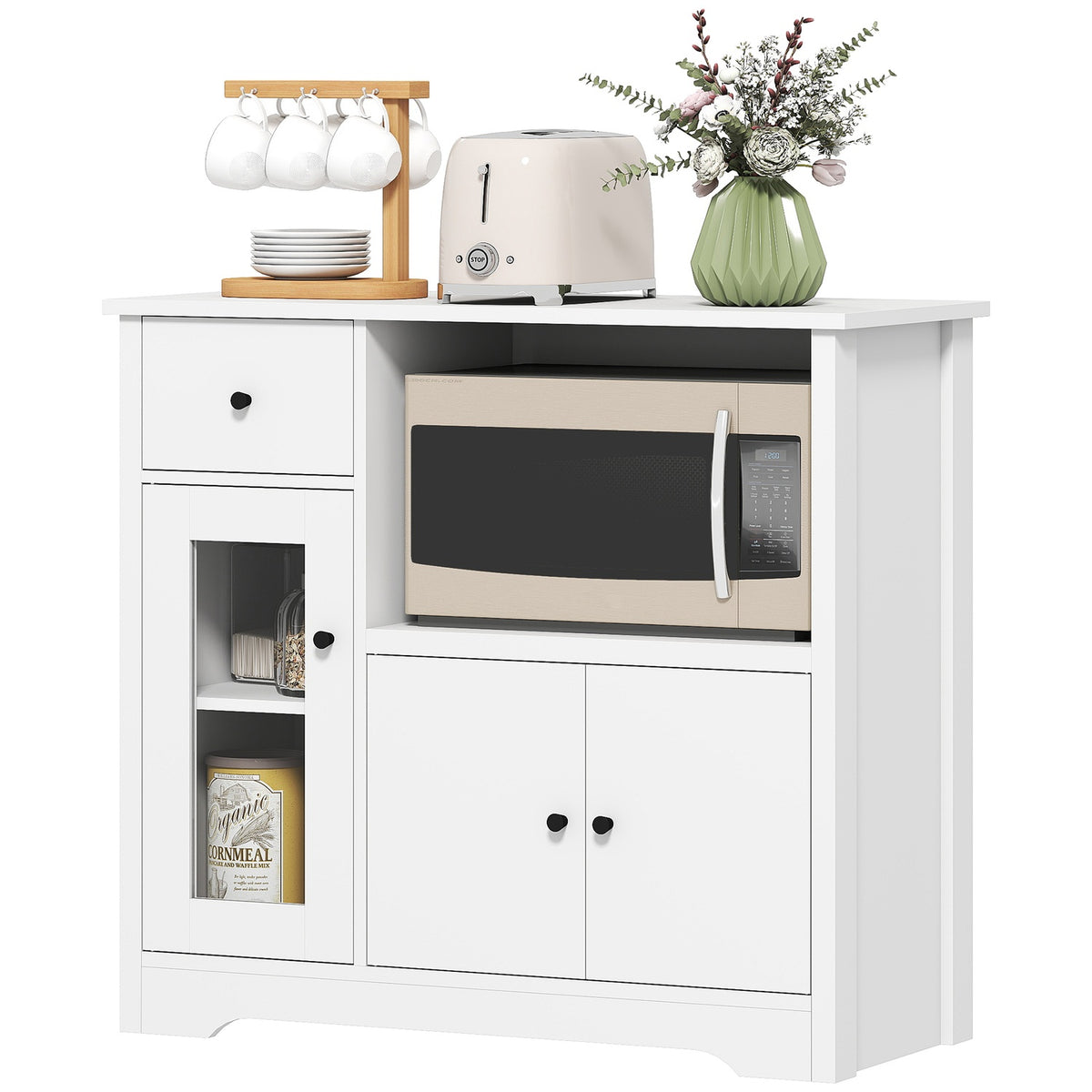 Kitchen cabinet with cable hole, chest of drawers with 2 cabinets, open compartment, drawer, 80 x 35 x 72.2 cm, chipboard, white