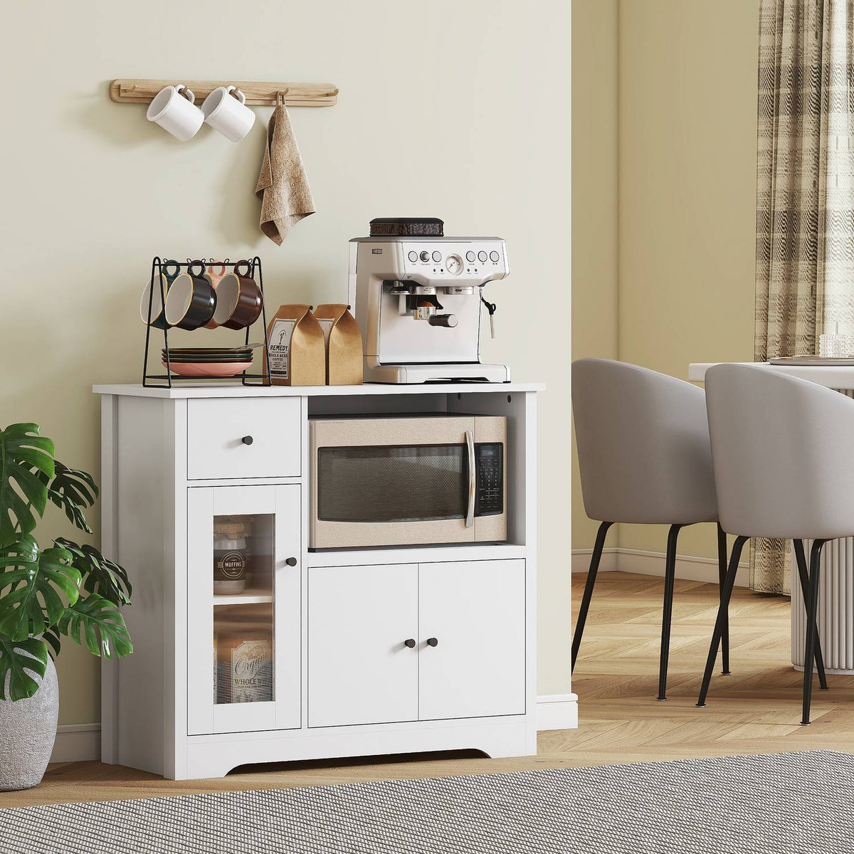 Kitchen cabinet with cable hole, chest of drawers with 2 cabinets, open compartment, drawer, 80 x 35 x 72.2 cm, chipboard, white