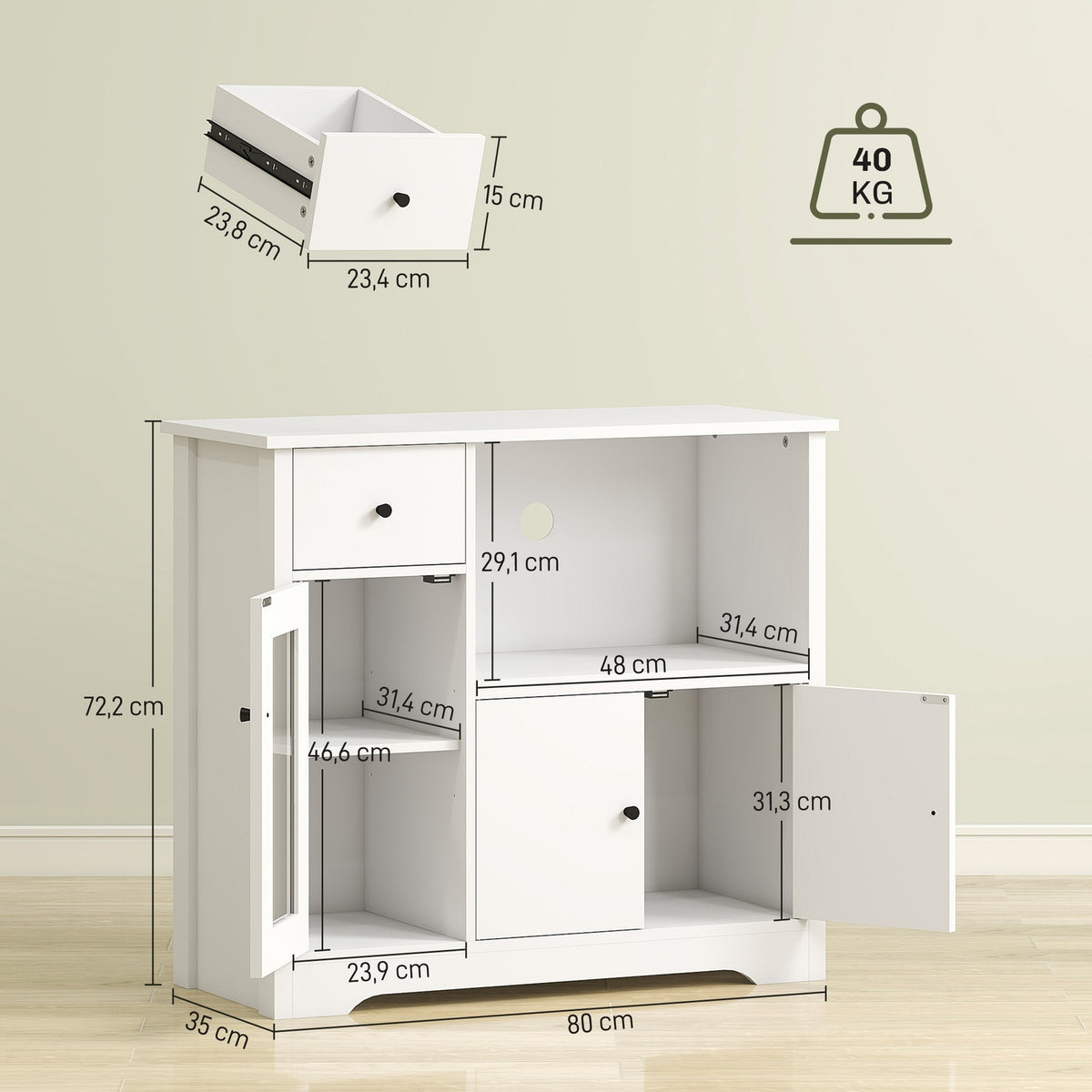 Kitchen cabinet with cable hole, chest of drawers with 2 cabinets, open compartment, drawer, 80 x 35 x 72.2 cm, chipboard, white