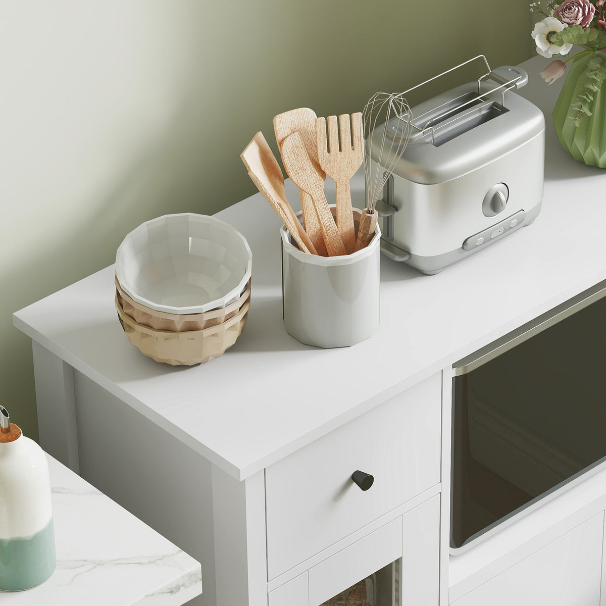 Kitchen cabinet with cable hole, chest of drawers with 2 cabinets, open compartment, drawer, 80 x 35 x 72.2 cm, chipboard, white