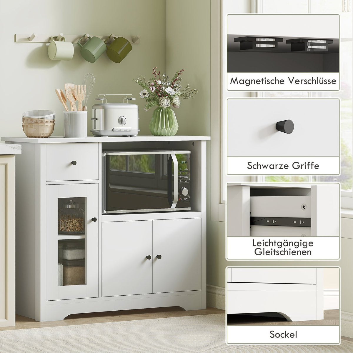 Kitchen cabinet with cable hole, chest of drawers with 2 cabinets, open compartment, drawer, 80 x 35 x 72.2 cm, chipboard, white