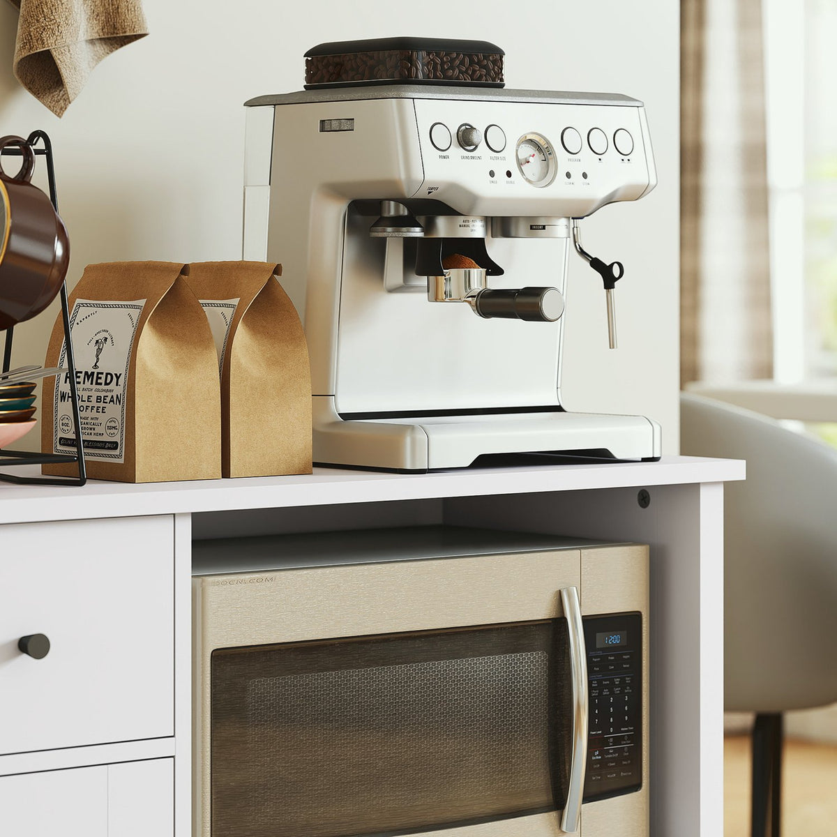 Kitchen cabinet with cable hole, chest of drawers with 2 cabinets, open compartment, drawer, 80 x 35 x 72.2 cm, chipboard, white