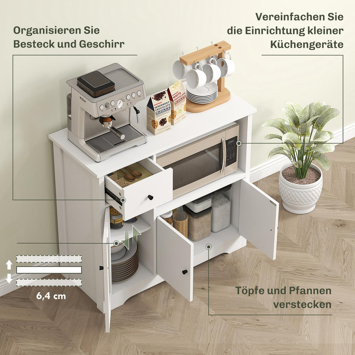 Kitchen cabinet with cable hole, chest of drawers with 2 cabinets, open compartment, drawer, 80 x 35 x 72.2 cm, chipboard, white