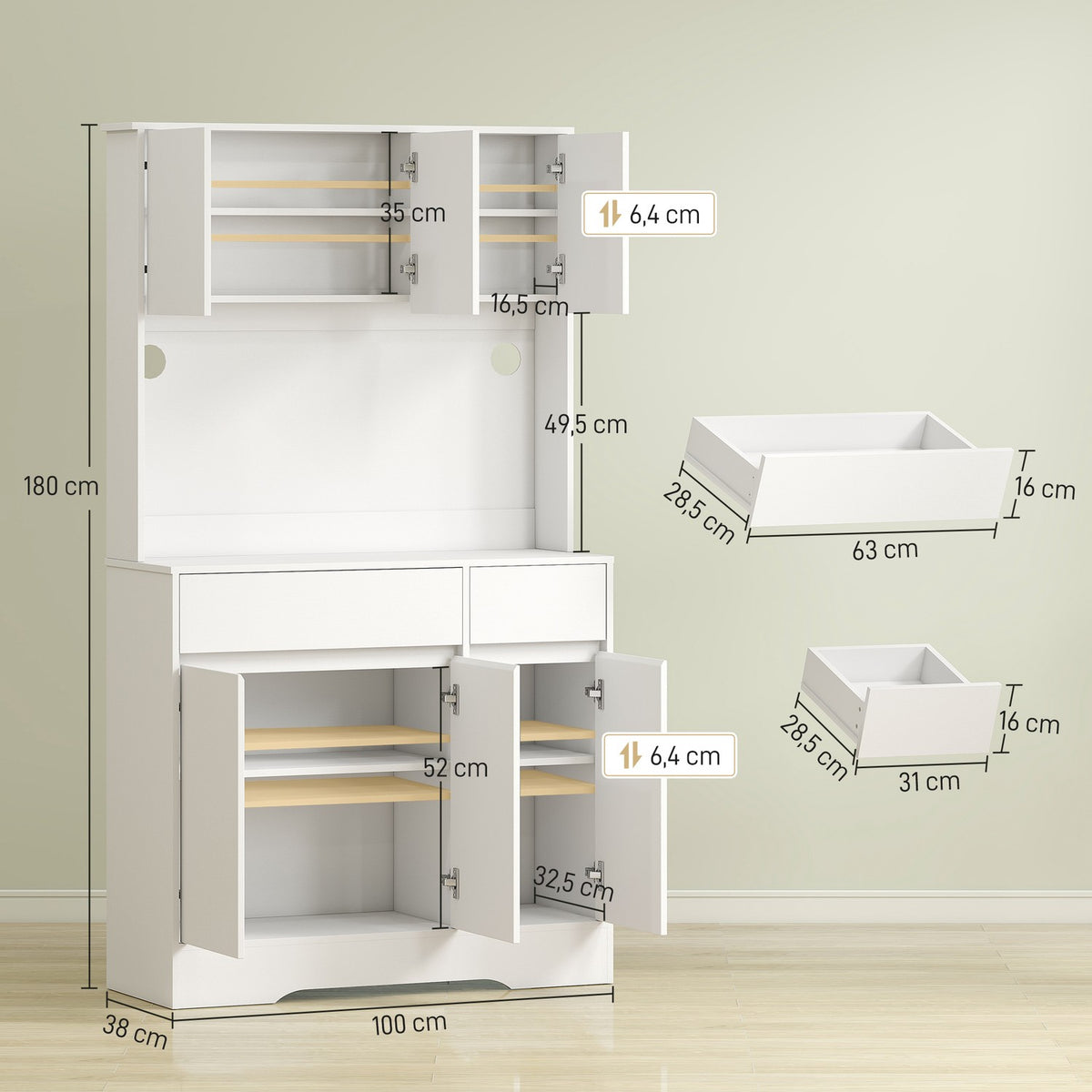 Kitchen cabinet with open work surface, 6 doors, 2 drawers, adjustable shelves, cable holes, chipboard, white