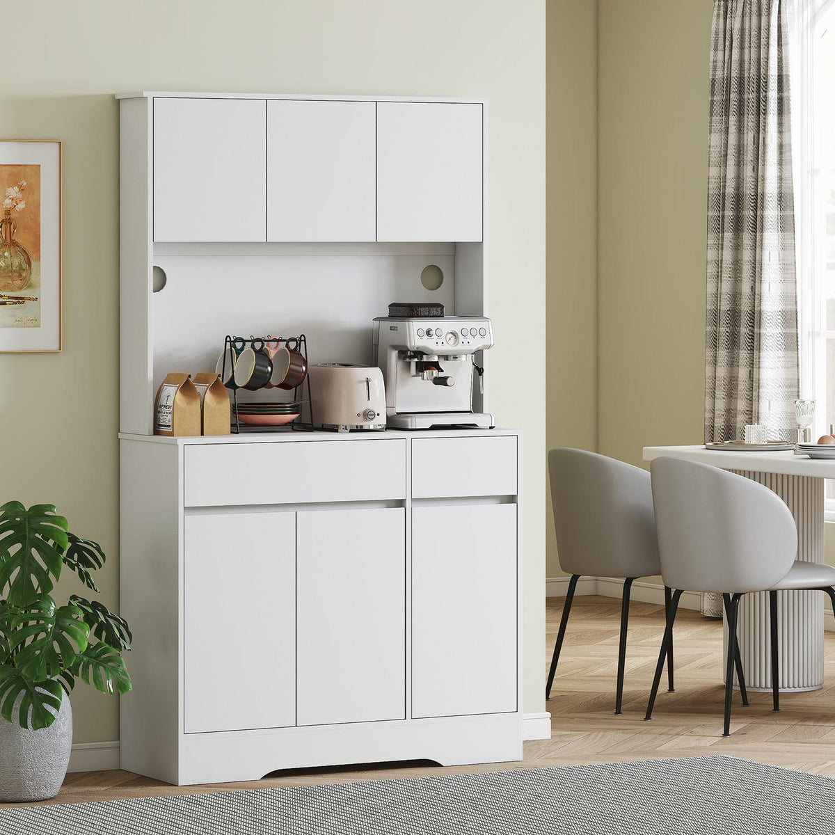 Kitchen cabinet with open work surface, 6 doors, 2 drawers, adjustable shelves, cable holes, chipboard, white